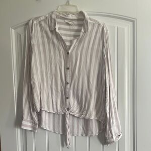 Tan Striped Band Collar Button Down Shirt